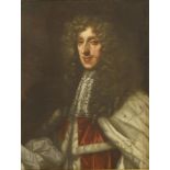 Circle of Sir Peter Lely (1618-1680)PORTRAIT OF KING JAMES II, HALF LENGTH, IN ERMINE ROBESOil on