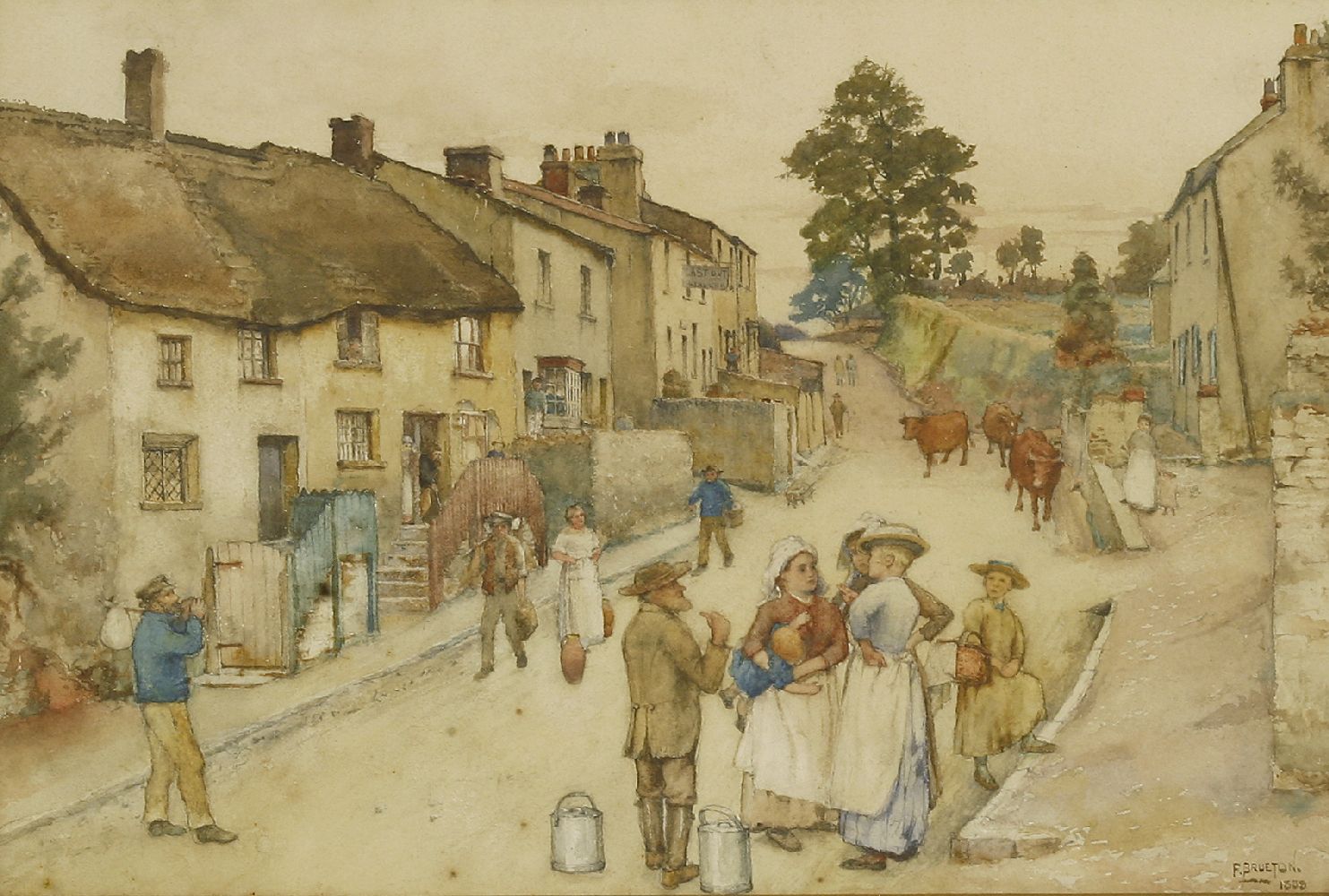 Frederick Brueton (1859-1916)FIGURES IN A VILLAGE STREETSigned and dated 1889, l.r., watercolour