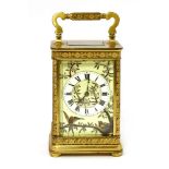 A French gilt brass and porcelain-mounted carriage clock,late 19th/early 20th century, the shaped