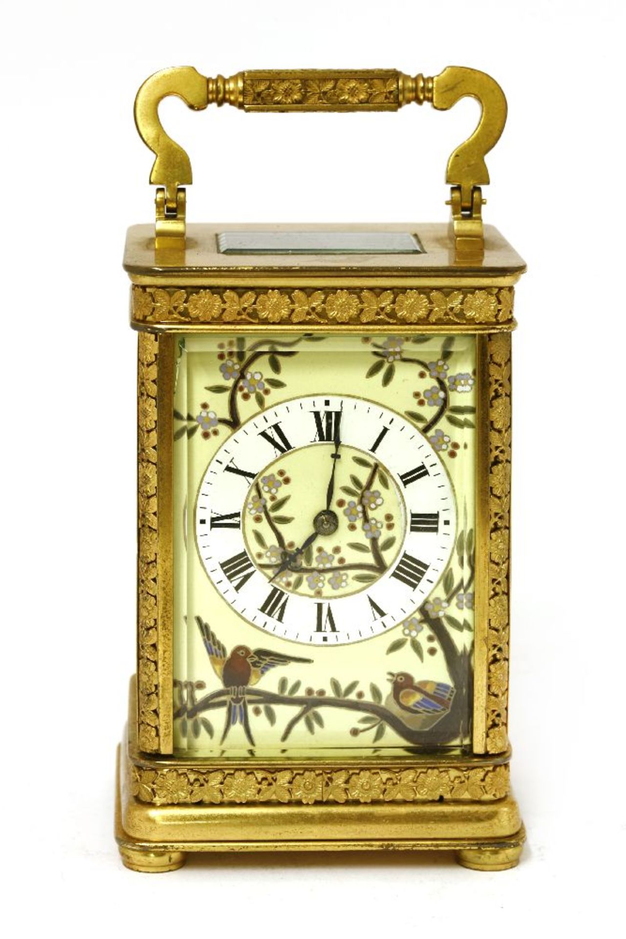 A French gilt brass and porcelain-mounted carriage clock,late 19th/early 20th century, the shaped