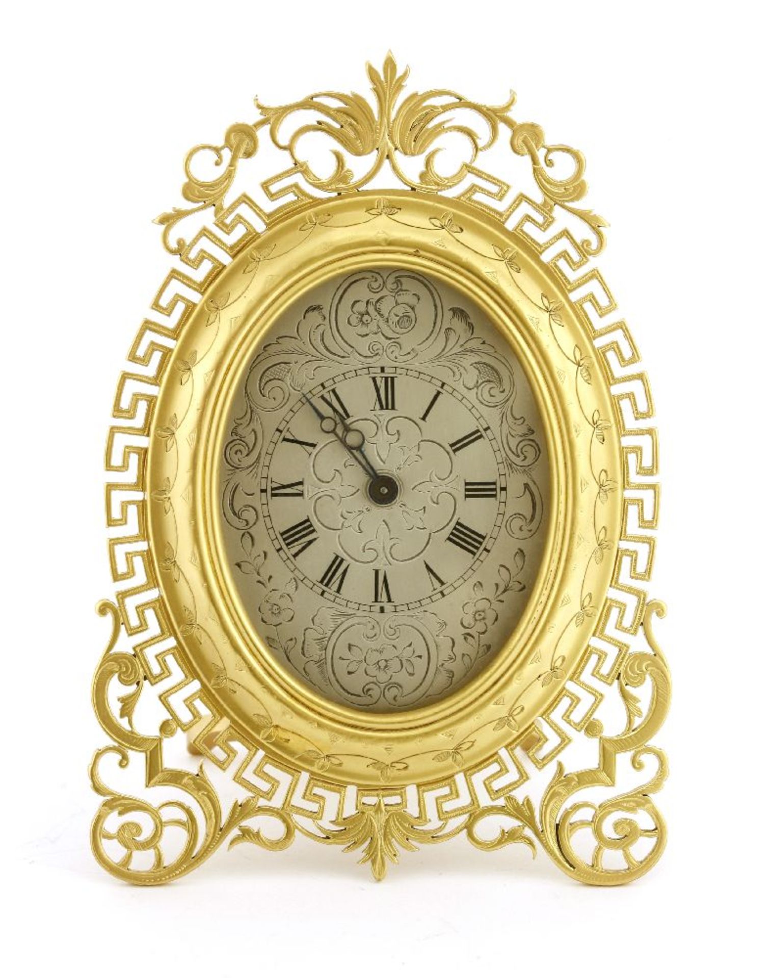 A gilt bronze strut clock,19th century, in the manner of Thomas Cole, the oval dial engraved with