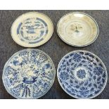 A Chinese porcelain Kangxi style Plate decorated with lotus flower heads (hairline and chips to