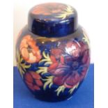 A large 1980s Moorcroft Ginger Jar and cover in the blue ground anemone pattern