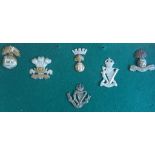 Six Irish regimental cap badges mounted on a display board: the Royal Munster Fusiliers (bimetal);