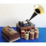 An early 20th century oak-cased Thomas Edison phonograph complete with sound horn and seven