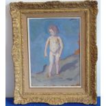 In the style of Augustus John, a gilt-framed oil on artist's board, 'Edwin on the Beach',