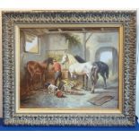 Nora Cambell, a burnished gilt framed Oil on Canvas stable interior Study with a young stable boy,