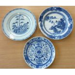 18th/19th century exportware,: three blue-and-white plates with various typical decoration,