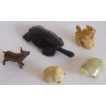A group of five Animal figures in various materials including jade