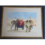 A gilt-framed and glazed Orientalist-style watercolour study of mounted elephants,