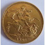 A late-Victorian gold sovereign dated 1901