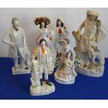 Five 19th century Staffordshire flat back figures to include Wellington and Robert Burns (5)