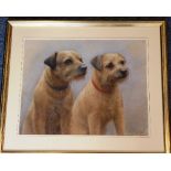 A gilt framed and glazed pastel study of two alert terriers, initialled and dated lower right A.J.