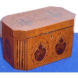 A George III period satinwood and marquetry tea caddy of rectangular form with canted stop fluted