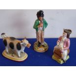 Three pieces of 19th century Staffordshire to include a cow creamer and Gin/Water