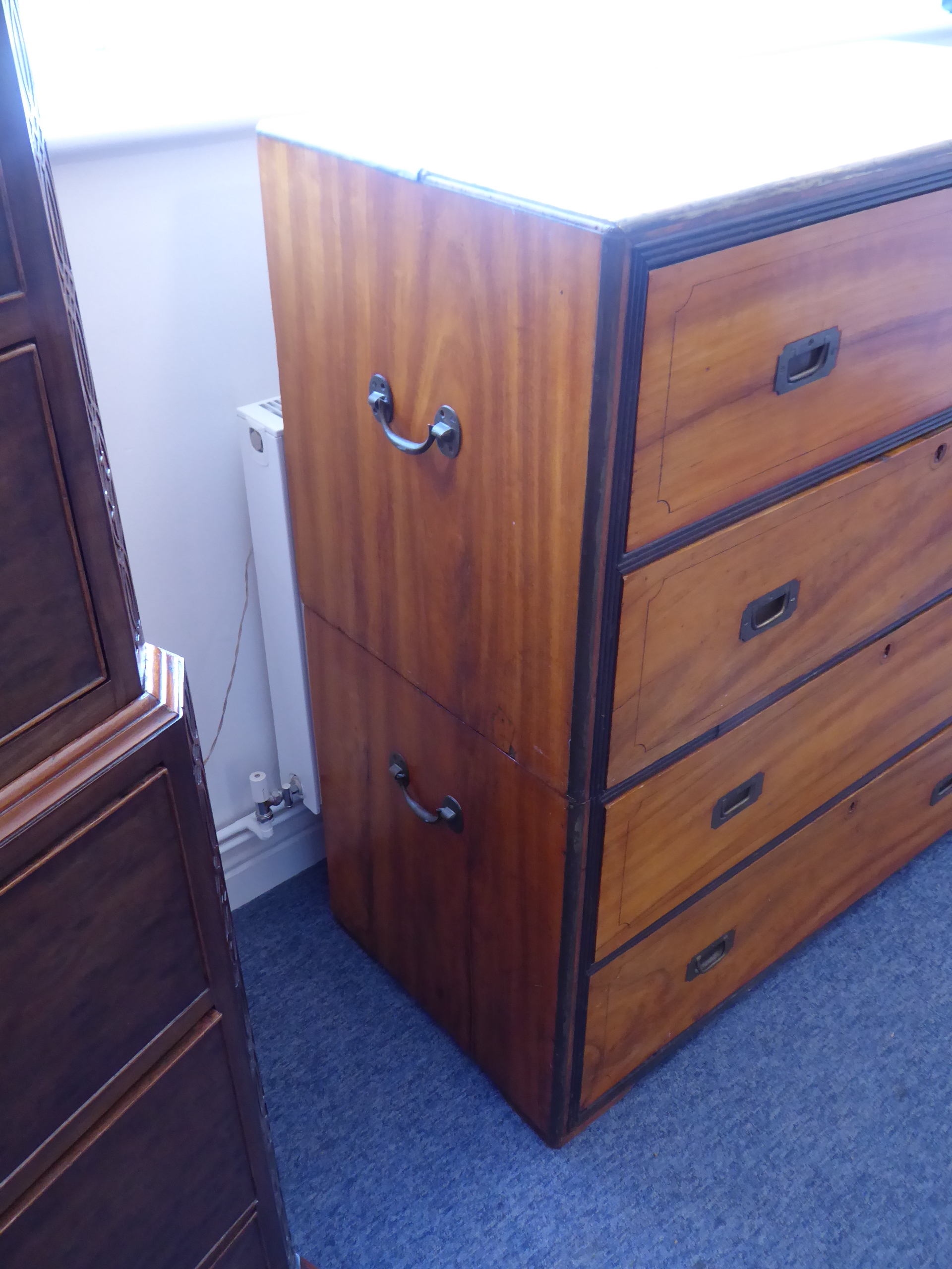 A 19th century two-part camphor wood military chest; four full-width drawers, - Image 8 of 12