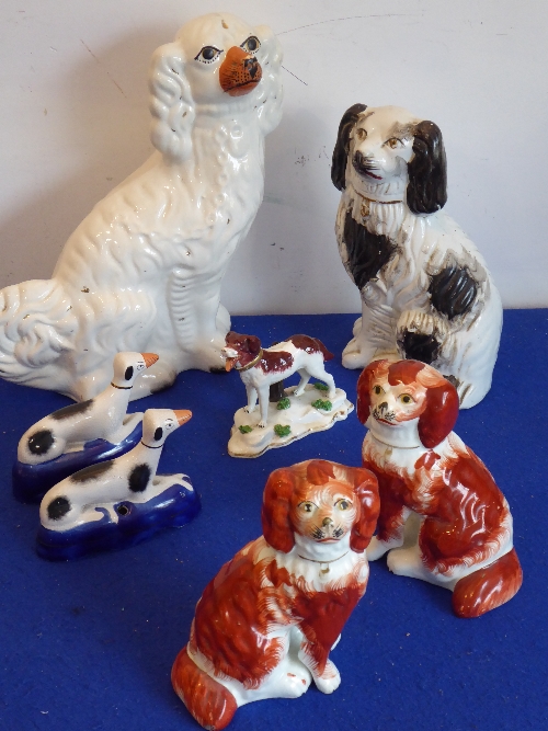 Seven Staffordshire spaniels/hounds: including a pair of hound inkwells and a small pair of