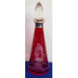 A modern conical flash-cut ruby glass decanter with silver collar;