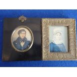 Two 19th century portrait miniatures: one oval and of a gentleman with curls,