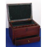 A George III period mahogany and rosewood crossbanded work-box having lift-out compartmentalised