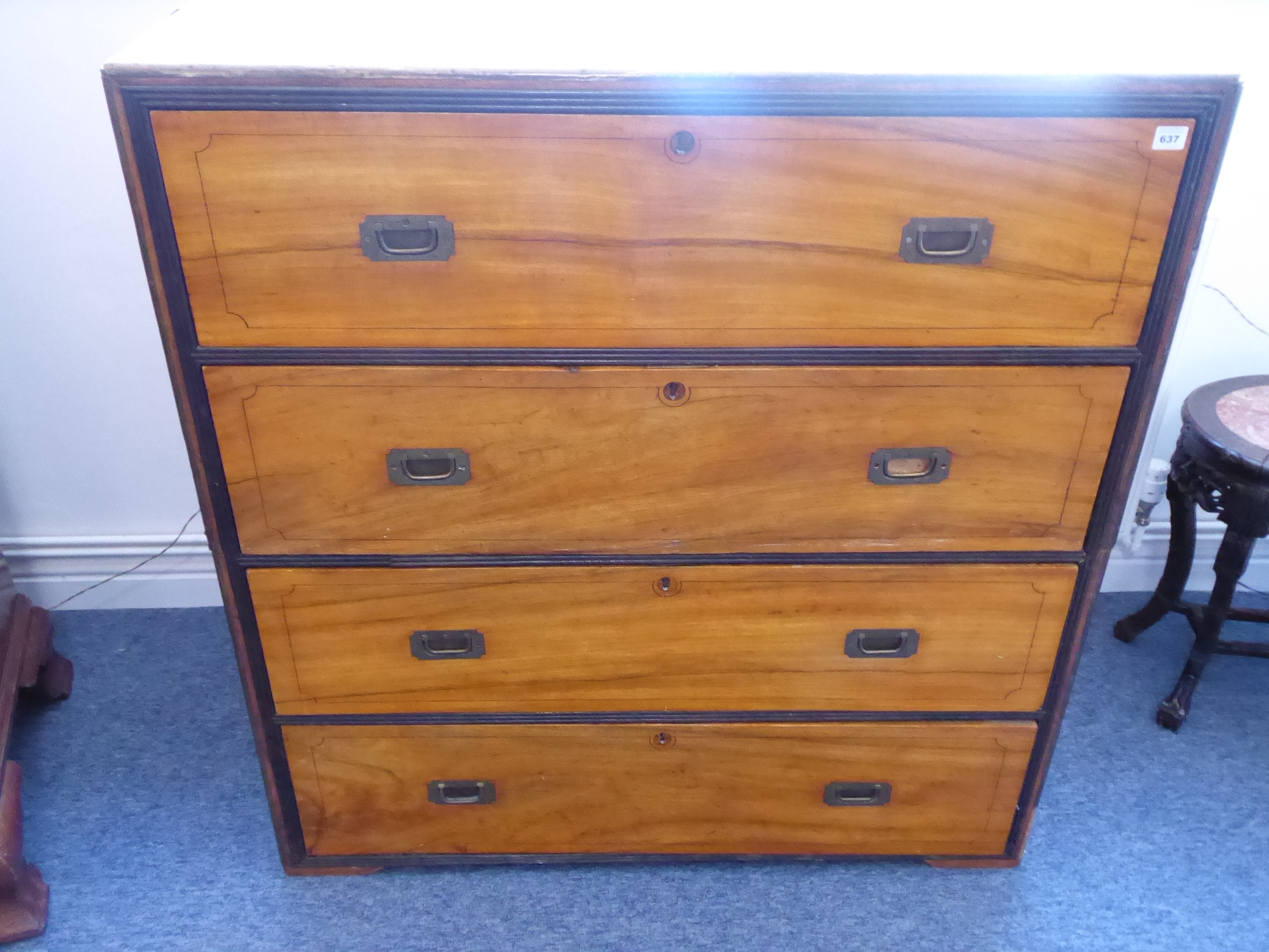 A 19th century two-part camphor wood military chest; four full-width drawers, - Image 7 of 12