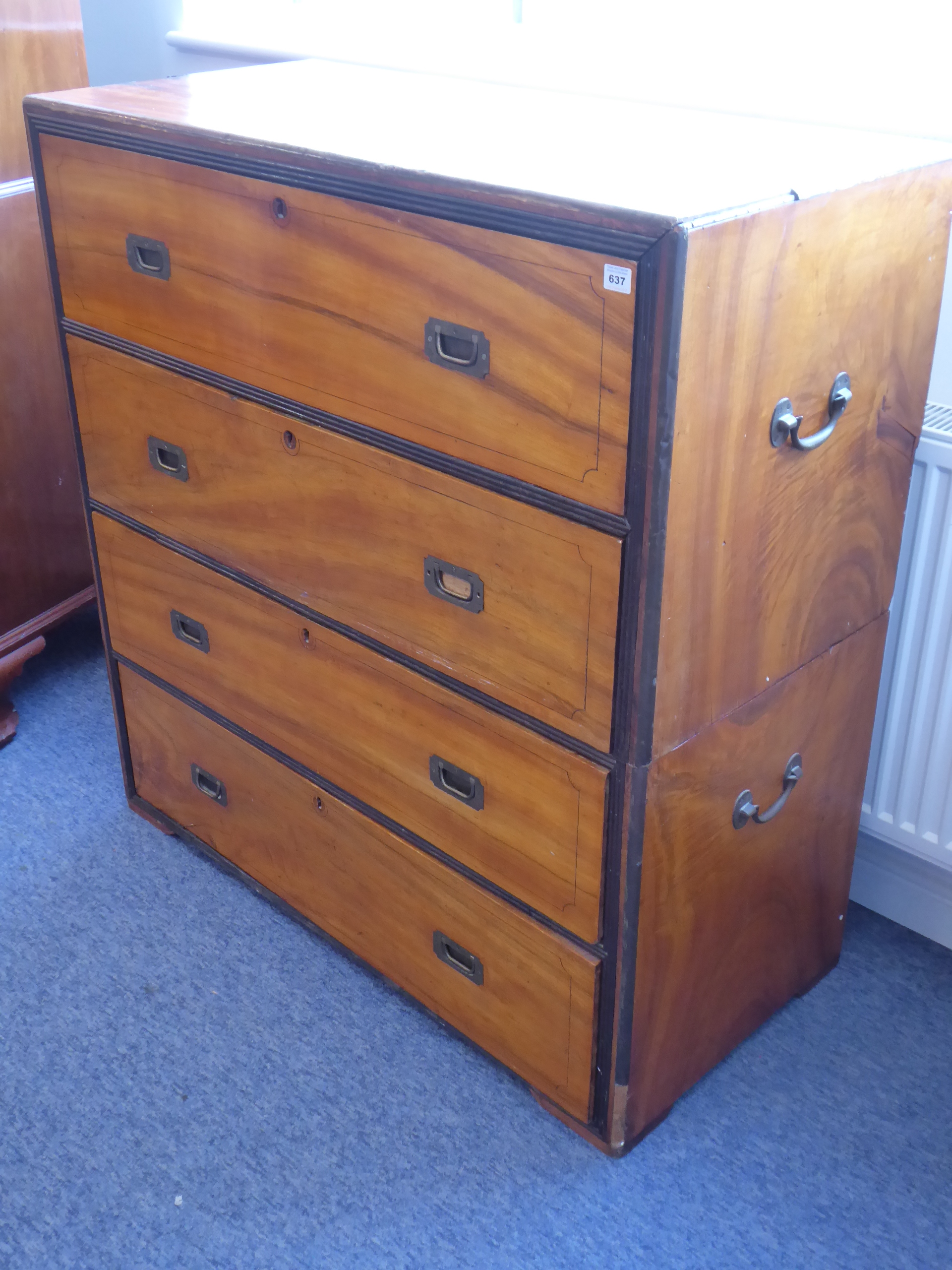 A 19th century two-part camphor wood military chest; four full-width drawers, - Image 2 of 12