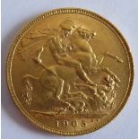 An Edward VII gold sovereign dated 1905