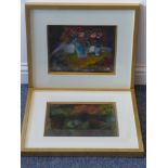 A pair of abstract-style oil on canvas studies of flowers, vases etc.; 24cm x 32.