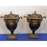 A pair of 19th century two-handled Toleware chestnut urns and covers; gilded leaf,