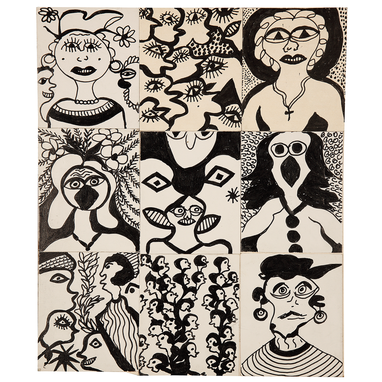 CLAIRE TELLER (NEE EN 1928) LOT DE NEUF CARTES PERSONNAGES, 1977 Lot of 9 inks on paper 12 9/16 X 10