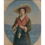 Jules SALLèS (Nîmes 1814 - 1900)Jeune femme tricotant devant un lac dans un ovale peintYoung woman