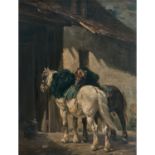 Charles-Émile JACQUE (Paris 1813 - 1894)Deux chevaux de traitTwo workhorses, mahogany panel,