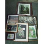 Seven framed pictures of landscapes and nature scenes.