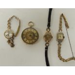 A ladies 9ct gold cased wristwatch on plaited cord strap, weight of back of case 2g, together with