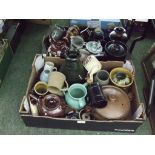 Two boxes of assorted pottery including teapot; lidded dishes, jugs etc.