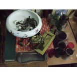 A Bristol pottery bowl with bird and floral decoration together with boxed cutlery, lion door