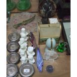 Assorted glassware, metalware, busts, knight figure etc.