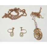 A 9ct gold Albert chain (damaged); a 9ct gold locket on 9ct gold chain; and a pair of 9ct gold