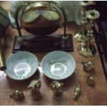 Two mantel spaniels together with two Spode bowls and assorted brass ware.