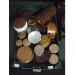 A box of assorted storage jars and two coffee pots.