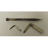 A small silver and mother of pearl pen knife together with a miniature pen knife and a sterling