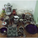 A quantity of assorted teaspoons together with hunting horn, tankards, assorted metalware,