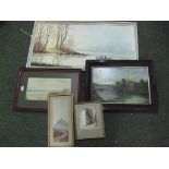 Seventeen assorted pictures - some of local scenes together with two decorative wooden boards and