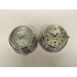 An Observer bulk head timepiece and matching barometer, in chrome cases, 15cms diam (2)