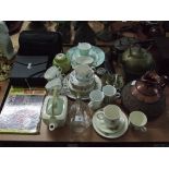 A copper kettle, a Colclough part tea service, various ceramics and other items.