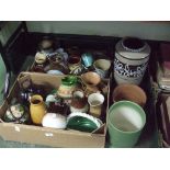 Two boxes of assorted pottery vases; cups; bowls etc.