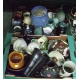 Two boxes of assorted pottery; including vases; bowls etc.