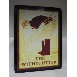 A modern double sided pub sign "The Withy Cutter" coloured printed image on laminated metal, 119.