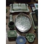 A plated tray together with lidded serving dish together with four Wedgewood pieces.