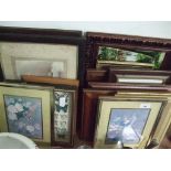 A large collection of framed prints and pictures including hunting scene.